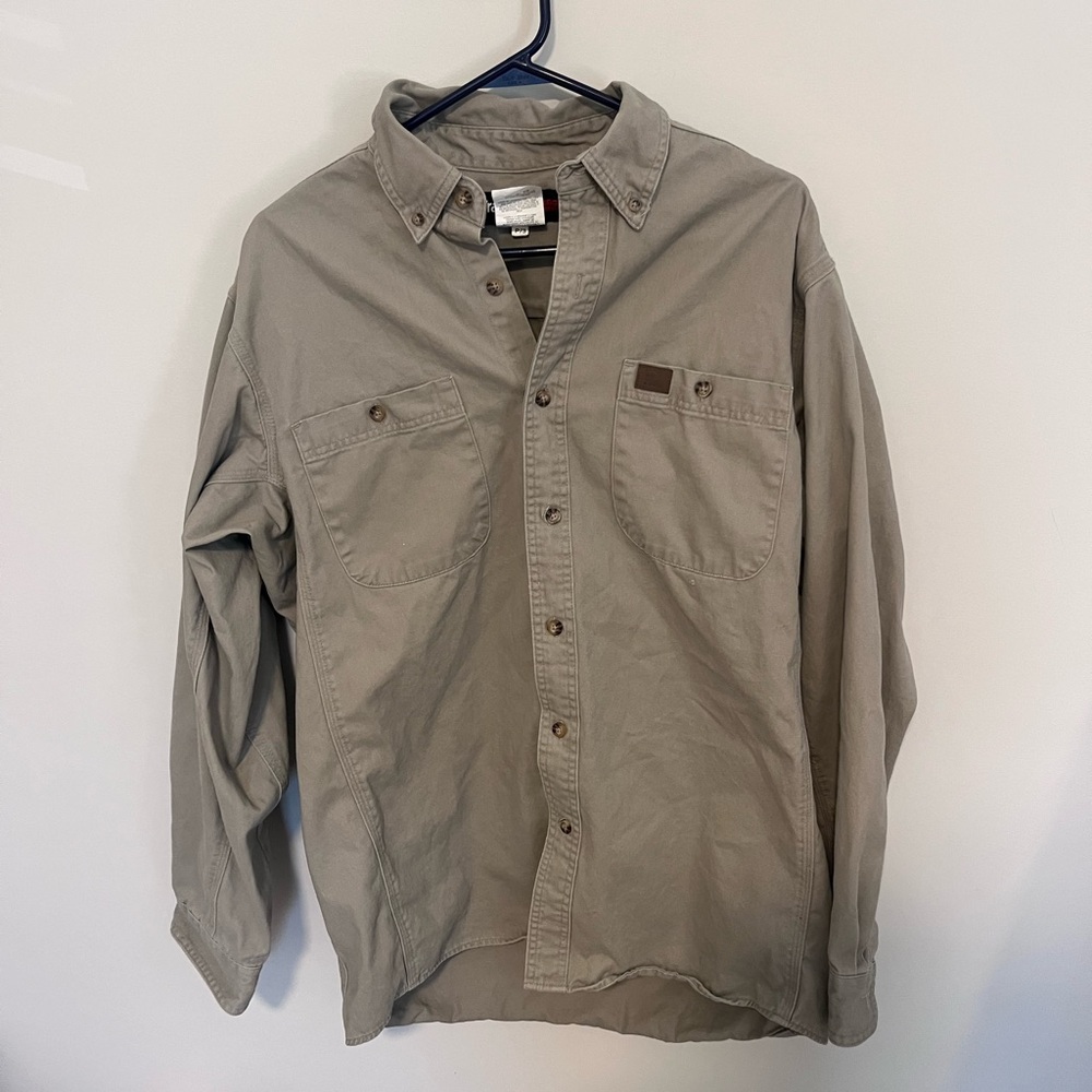 Wrangler Riggs Workwear Button Down Shirt Khaki Cotton Work Shirt Mens - Picture 2 of 12